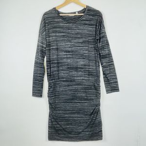 Athleta Black White Stripe Long Sleeve Ruched Drop Waist Dress‎ Womens Medium